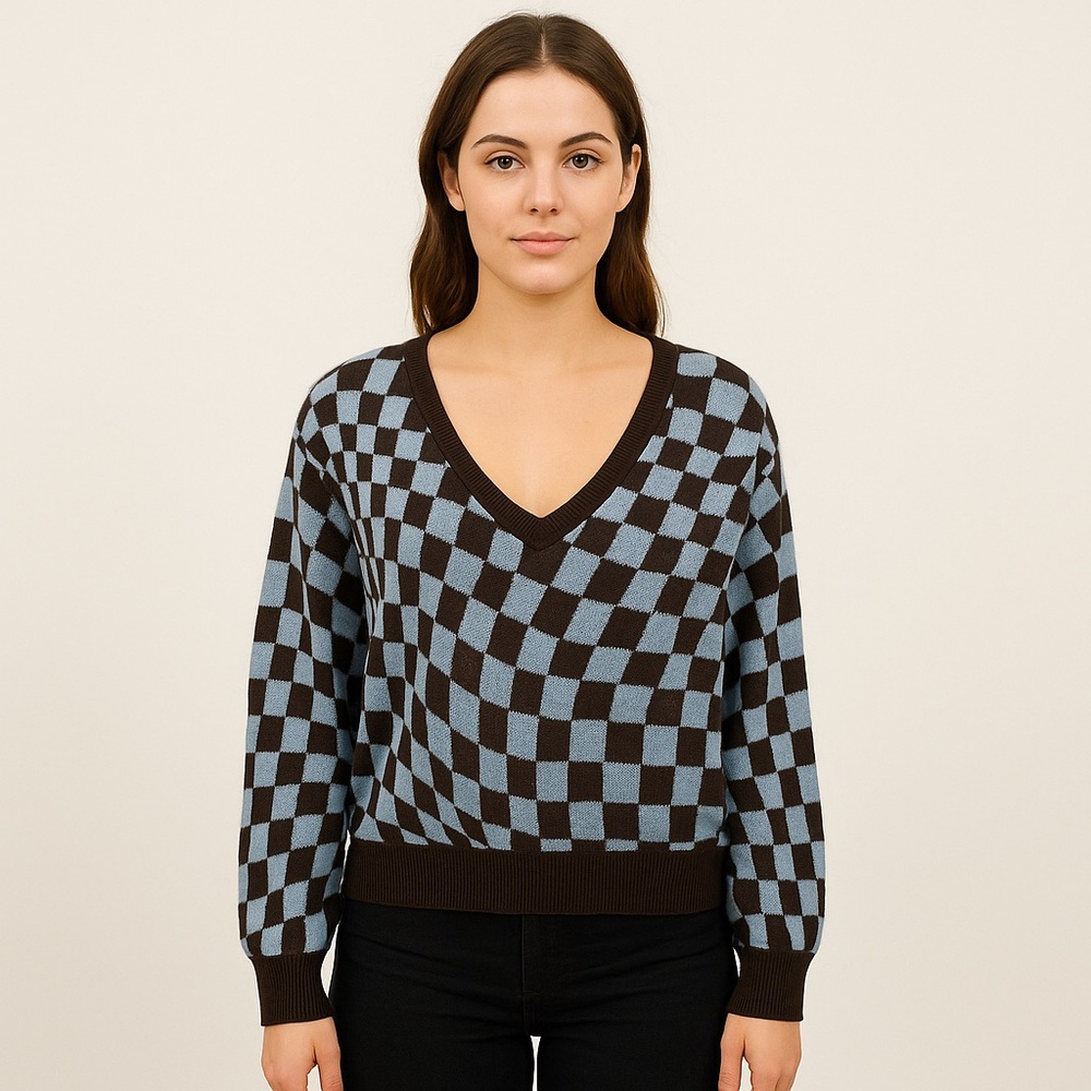 Y2K Checkerboard V-Neck Sweater Soft Knit Retro Witty Fox Harajuku Indie Alt XL